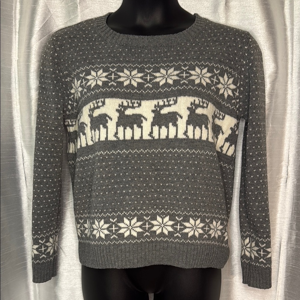POL Women’s Large Gray Long Sleeve Crew Neck Acrylic Blend Christmas Sweater
